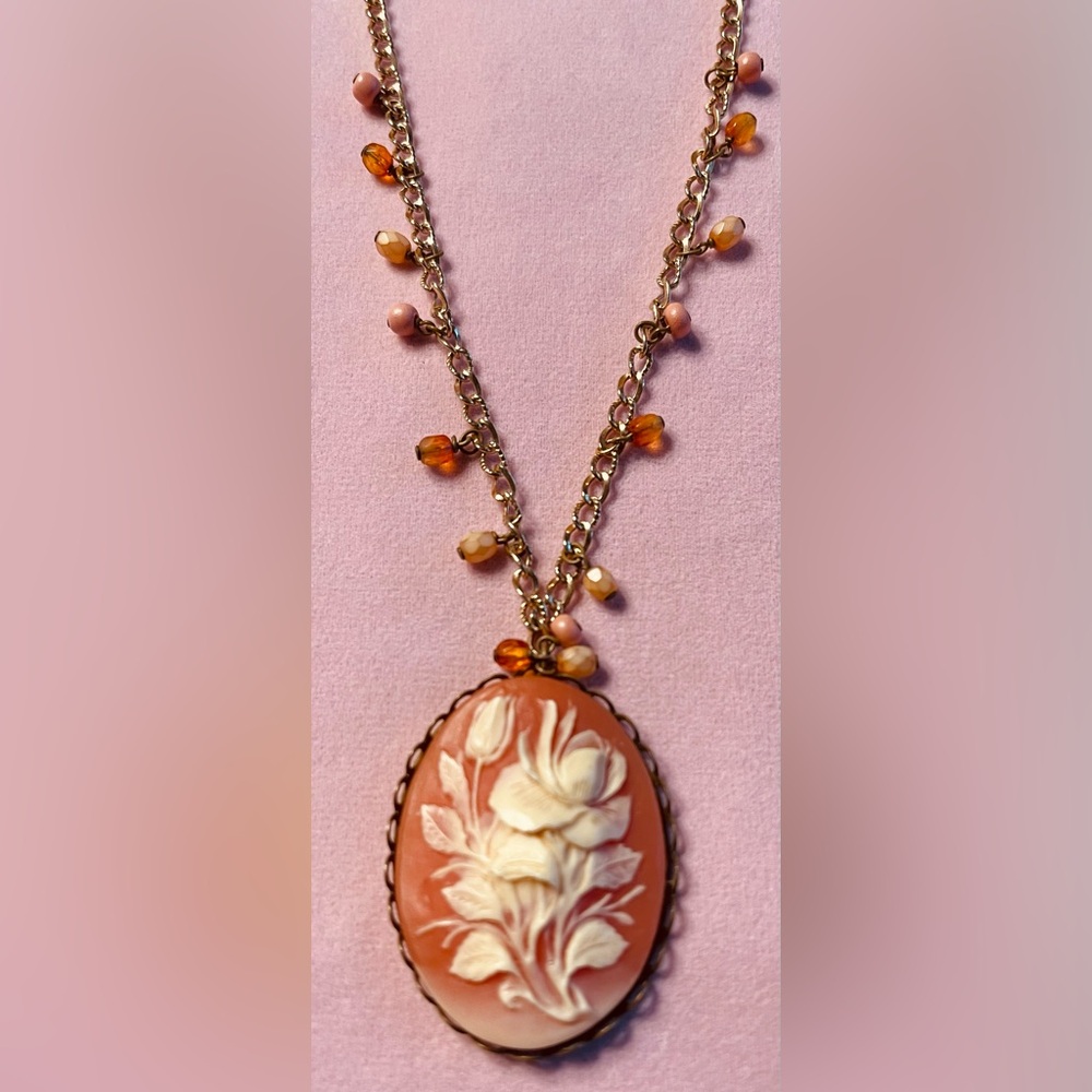 Victorian cameo necklace. Flowers on coral shell, beaded gold chain & inset 12”